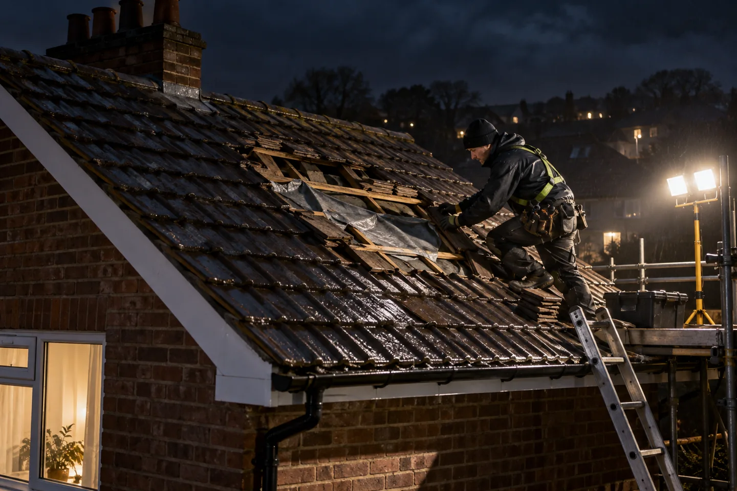 Emergency roofer repairing a storm-damaged tiled roof